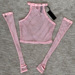 Pink Fishnet Crop Top with Sleeves